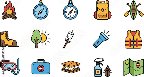 Filled Outline Adventure Camping Icon Set Featuring Bonfire and Compass
