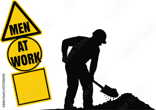 Silhouette of Labourer Digging Ground With Shovel near Warning Sign on White