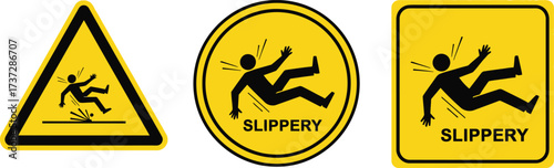 Slippery Surface Alert Signs, Triangle Circle and Square Shapes, Yellow, Black, Falling Man