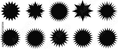 Ten Black Starburst Shapes Variety with Pointed Edges, Abstract Silhouettes