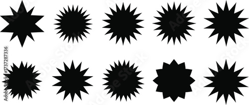 Ten Black Starbursts with Varied Point Counts on a White Background Icon Set