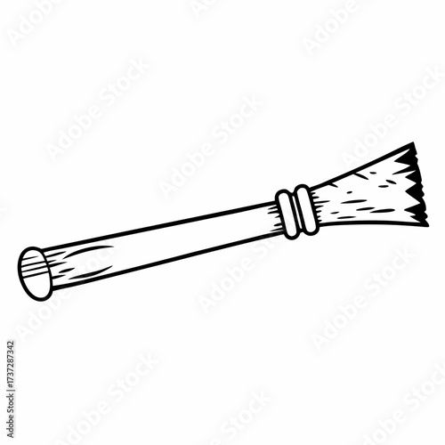 Wooden broomstick with bristles in sketch style on white background  