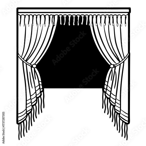 Elegant curtain drapes with fringes framing a window space  