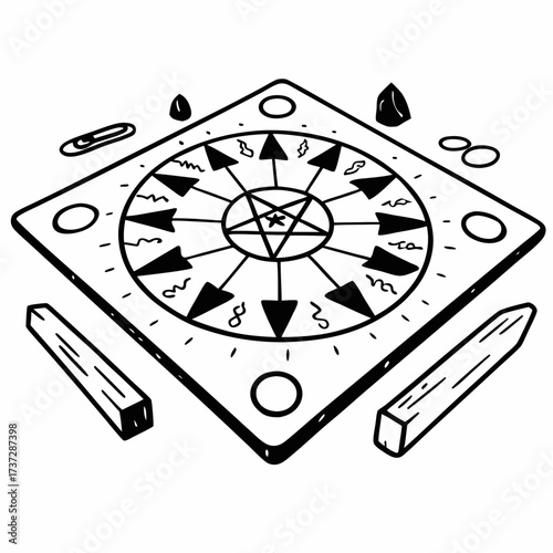Spiritual board with symbols and stones on a white background  