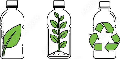 Three Bottles Design with Leaf, Green Plant and Recycle Symbol in Line Art Style