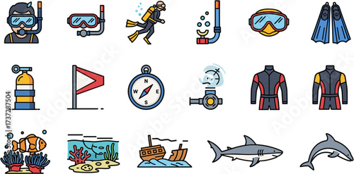 Modern Line Style Diving Equipment Underwater Life and Marine Animal Icons
