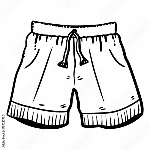 Drawn illustration of classic beach shorts with pockets and drawstring  