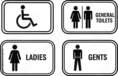 Toilet Signage Icons, Ladies and Gents Restroom Symbol Set with Handicap Access Sign