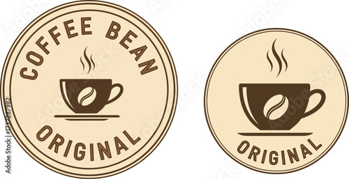 Two Coffee Cup Badges with Bean, Original Text, Retro Style, Cream Background