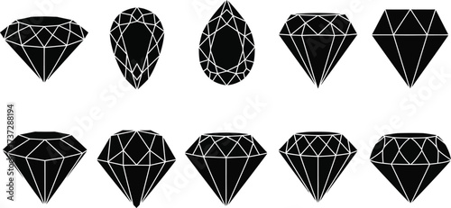 Variety Black Diamond Silhouettes Set with Facets on a Transparent Background