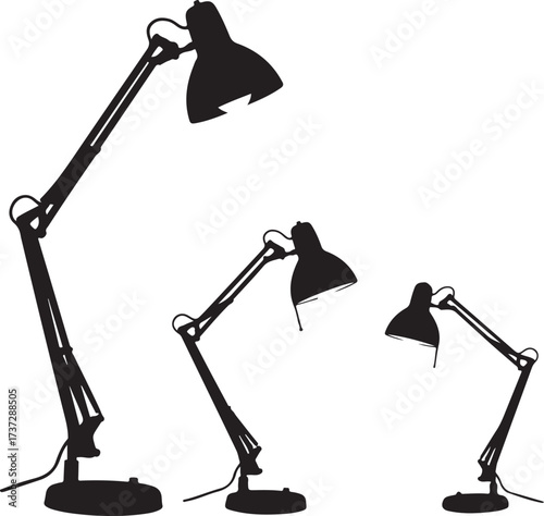Three black silhouette desk lamps of different sizes