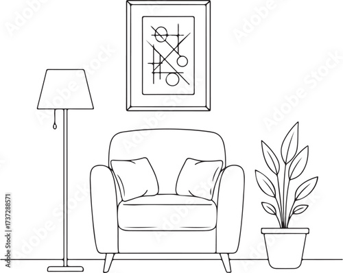 Living room corner with armchair floor lamp and plant