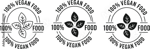Vegan Food Labels Set, Round Badges with Leaves in Outline & Solid Style