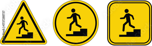 Warning Sign Collection Man Descending Stairs in Triangle, Circle, and Square Shape