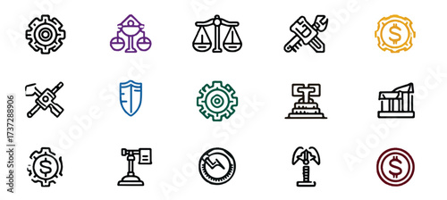 Set of various line icons representing industry finance and law concepts on white background