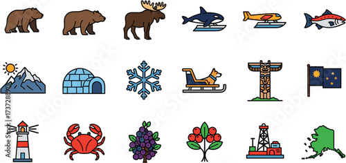 Colorful Outline Alaska Nature Wildlife Symbol Sign and Landmark Icon Set