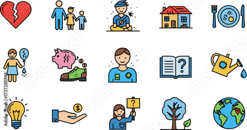 Simple Line Colorful Social Issue and Poverty Awareness Icon Collection Set