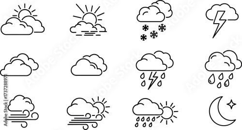 Weather Forecast Outline Icon Set Featuring Sun, Clouds, Rain, Snow and Wind Elements