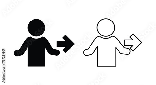 Simple illustration of two figures with arrows indicating movement or transition
