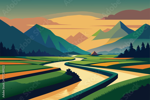 Mountain landscape view of green summer hills and meadow under a blue sky with white clouds