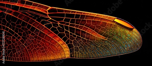 Close-up, textured, iridescent insect wing with detailed, geometric venation