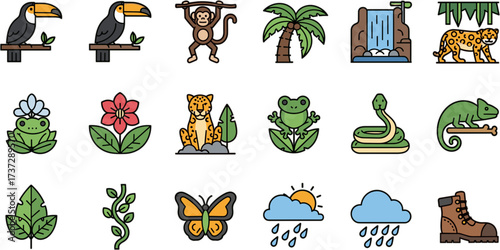 Tropical Forest Wildlife with Adventure Elements Lineal Color Icons