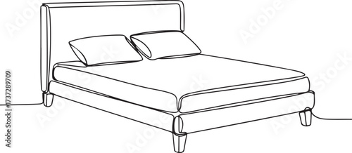Double bed with headboard and pillows line drawing