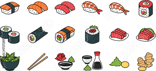 Colorful Handdrawn Style Set of Various Sushi and Japanese Food Illustration