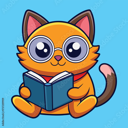 Cute, happy cartoon cat with a smile reading a book, a fun vector illustration of a domestic kitten character