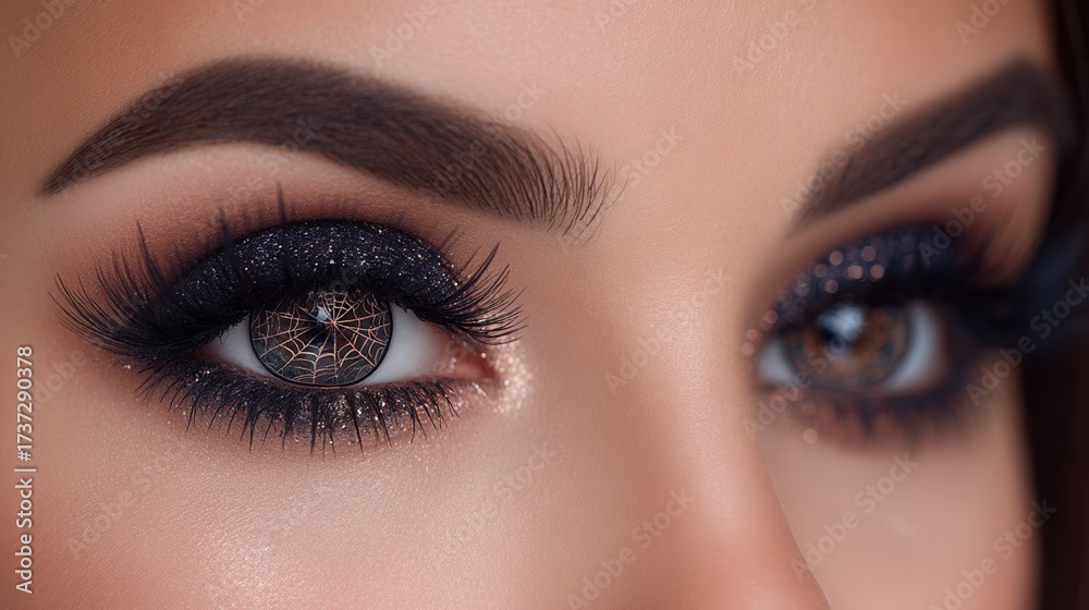Obraz premium Halloween concept makeup. Close-up of mesmerizing eyes with striking makeup and detailed lashes.