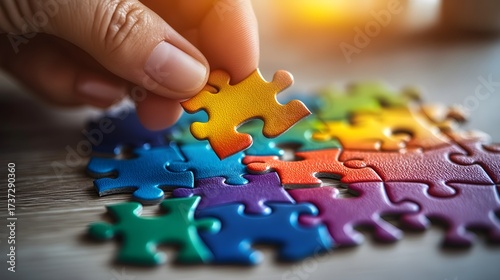 Hand placing a yellow puzzle piece into a colorful jigsaw puzzle