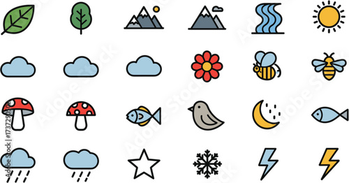 Flat Design Nature and Weather Element Simple Cute Style Icon Set