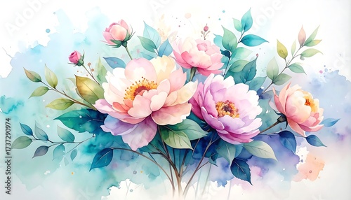 Fototapeta Naklejka Na Ścianę i Meble -  Ethereal watercolor bouquet of pink peonies
