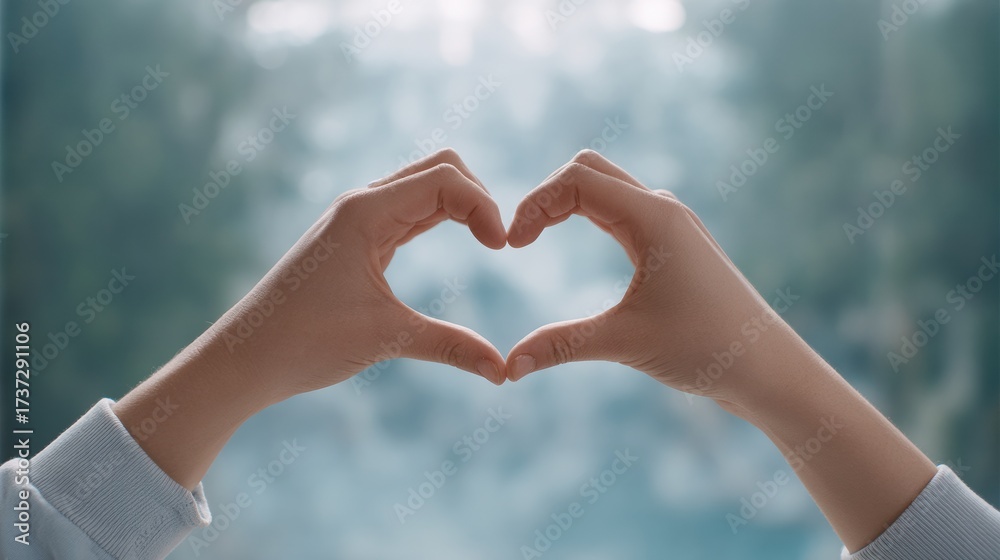 Obraz premium valentine distance couple Hands forming a heart shape with a blurred background, symbolizing love and connection.