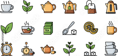 Modern Line Style Tea Preparation Collection Icon Set Illustration