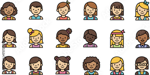 Outline Simple Style Diverse Children Head Avatar Group Icon Collection