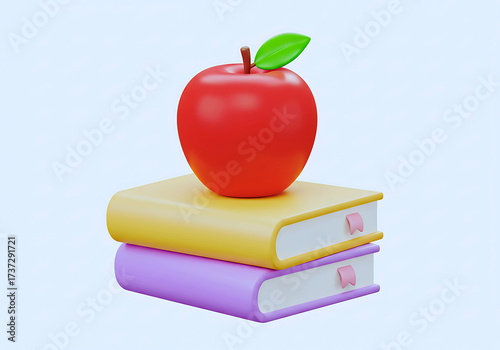 Studies 3d icon. books and apple. Isolated object on white background