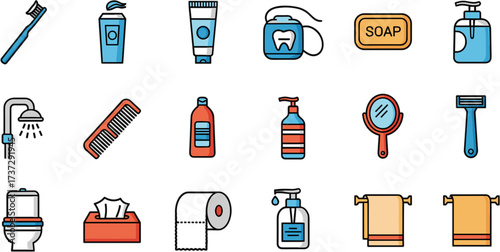 Flat Line Art Sanitary and Hygiene Objects Set Isolated Illustration