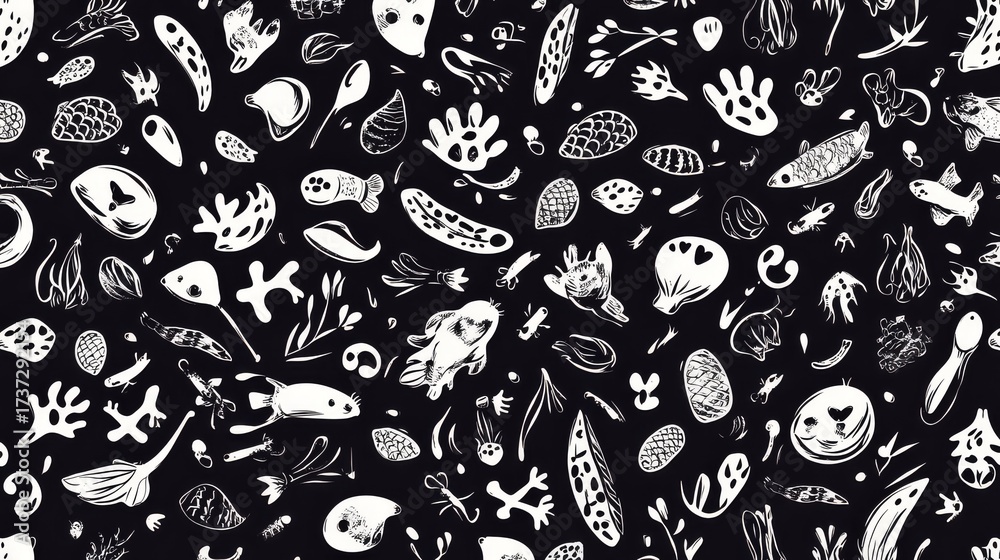 Naklejka premium 36.A highly detailed black and white seamless pattern of cat footprints, fish bones, and tiny toy mice, drawn in a sketchy doodle style, with each element carefully spaced for a clean and balanced