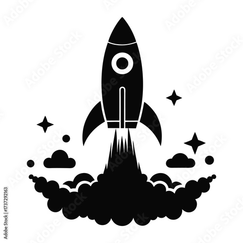 black and white illustration of a rocket launching into space