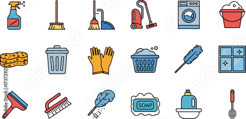 Flat Line Cleaning Equipment and Supplies Household Object Icon Set