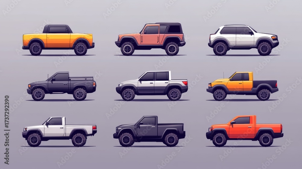 Fototapeta premium 90.Automobiles models flat icon collection. Side view of SUV, hatchback, pickup, and sedan isolated vector illustration set. Cars and vehicles concept: