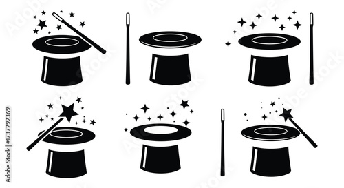 Black and white magic hats and wands in various arrangements