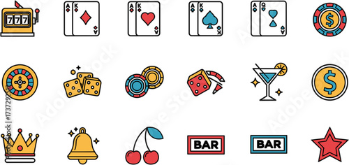 Flat Line Art Casino Element Collection with Classic Gambling Objects