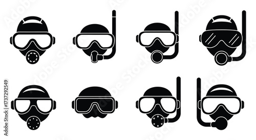 Variety of black and white diving mask and snorkel icons illustrated