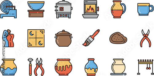 Colorful Outline Ceramic Pottery Equipment and Tools Collection Icon Set