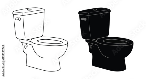 Two toilet designs one white and one black shown in simple outline
