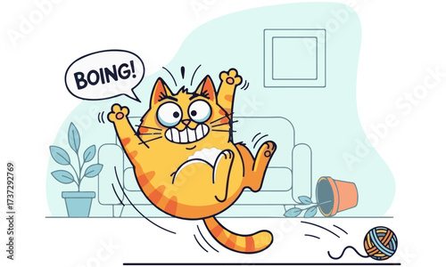 Cartoon Cat Bouncing and Creating Chaos in the Living Room