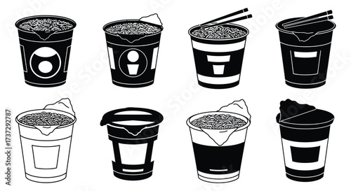 A collection of instant noodle cup illustrations in varying styles and perspectives