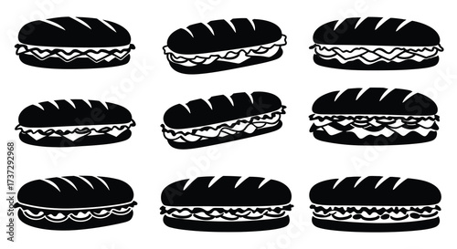 Simple black and white illustration depicting multiple sandwiches with fillings